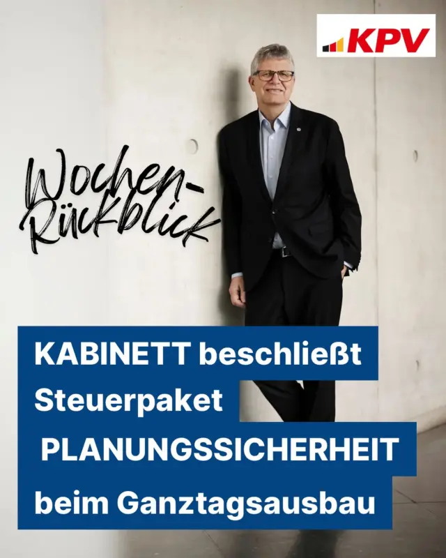 Kabinett beschließt Steuerpaket:
Alle Zeichen stehen auf Wachstumskurs: Das Kabinett hat in dieser Woche ein Steuerpaket beschlossen, dass erhebliche Entlastungen für die Unternehmen in Deutschland mit sich bringt. Die Effekte des dadurch angekurbelten Wachstums werden auch bei den Kommunen ankommen, aber bis dieser Motor anspringt, brauchen die Kommunen Benzin. Denn man muss klar sagen: Zunächst bedeutet der Beschluss Mindereinnahmen bei den Kommunen. Eine Vorfinanzierung können die Kommunen bei der derzeitigen Lage nicht liefern. Und die nächsten Schritte zur Entlastung der Kommunen müssen nun mit Tempo folgen!
Planungssicherheit beim Ganztagsausbau:
Die Koalitionsfraktionen CDU/CSU und SPD haben einen Gesetzentwurf „zur Verlängerung der Fristen im Investitionsprogramm Ganztagsausbau“ beraten. Damit wird ein wichtiges Signal in die Länder und Kommunen und an die Eltern in ganz Deutschland ausgesendet. Mit der Verlängerung des Investitionsprogramms um zwei Jahre können Maßnahmen bis Ende 2029 abgeschlossen werden. Der Bund greift damit Bitten aus Ländern und Kommunen auf, mehr Planungssicherheit für den weiteren flächendeckenden Ausbau ganztägiger Grundschulbetreuung zu schaffen. Offen bleibt, ob der Rechtsanspruch ab 2026/27 erfüllt werden kann.
#kpv #starkvorort