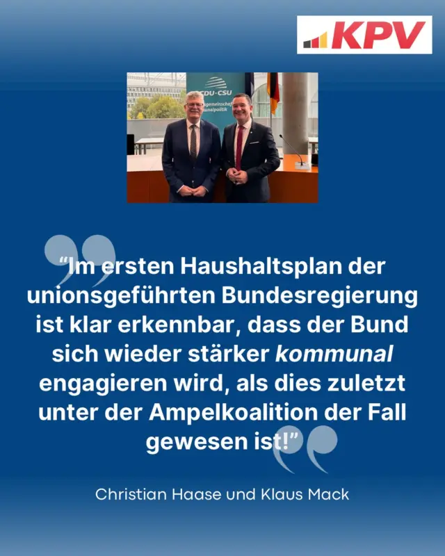 In einer gemeinsamen Pressemitteilung haben  @christianhaasemdb und @_klausmack_ eine kommunalpolitische Einschätzung zum Bundeshaushalt 2025 gegeben, der gestern im Plenum beschlossen wurde. Die Ausgaben mit kommunaler Relevanz steigen um 12 Milliarden Euro. Die ganze Pressemitteilung lesen Sie hier 👉🏼 http://www.cducsu.de/presse/bund-bringt-mit-bundeshaushalt-2025-auch-die